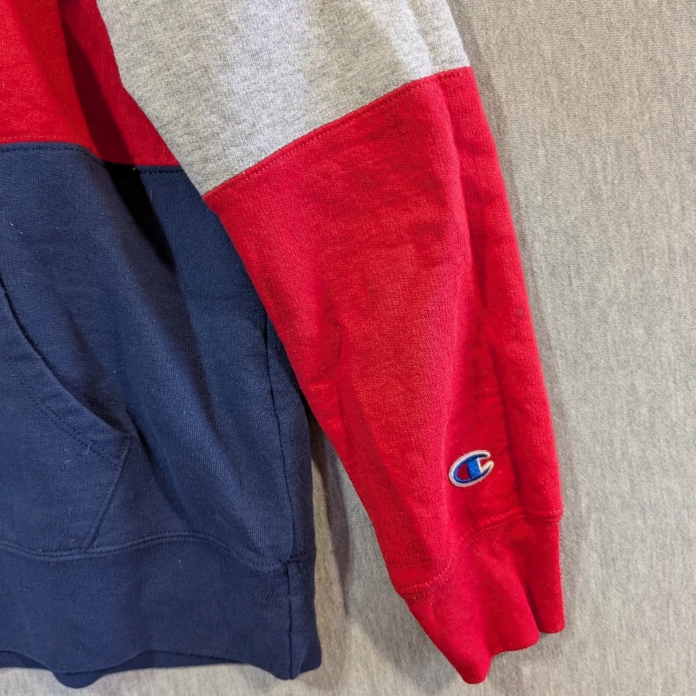 Champion Colorblock Pullover Hoodie Women's Medium Gray Red Blue Logo Front - Picture 3 of 16